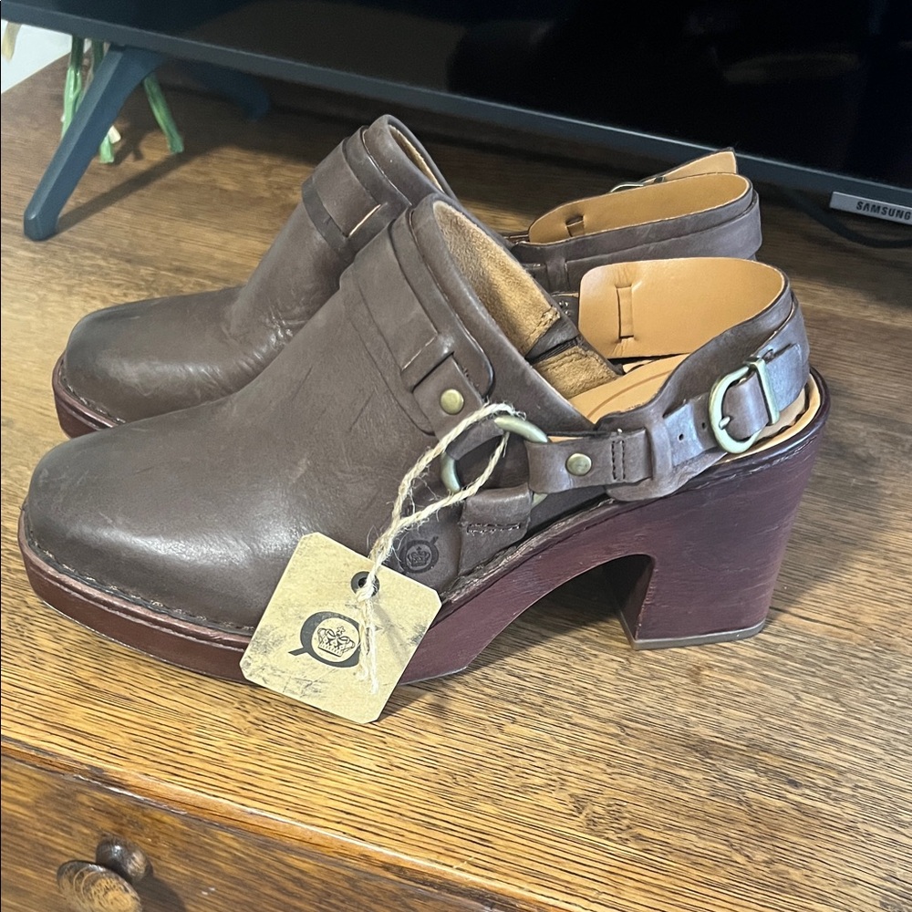 Born Dark Brown Leather Heeled Mules
